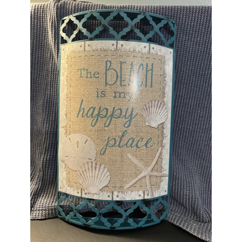 Turquoise Blue The Beach Is My Happy Place Metal Lattice Distressed Decor Shells